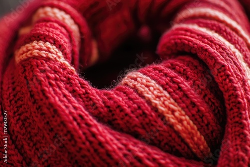 A close-up view of a vibrant red knitted scarf