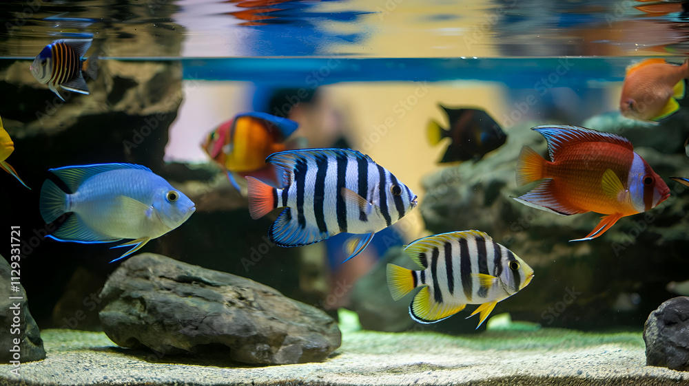 beautifull vibrant colorfull Cichlid fishes swimming in aquarium. Digital artwork. Ai generated