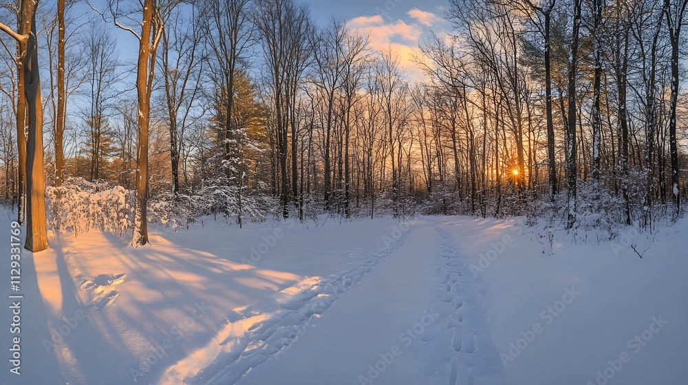 Fototapeta premium A beautiful snow-covered forest at sunset, with the sun setting behind tall trees and casting long shadows on the fresh white snow