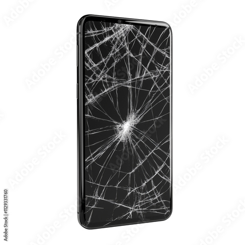 Black smartphone with cracked broken screen isolated on transparent background photo