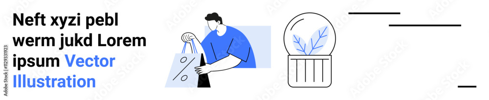Man placing plastic bottle in recycling bin next to a glass container with a growing plant. Ideal for environmental awareness, recycling, sustainability, green initiatives, ecological campaigns Man placing plastic bottle in recycling bin next to a glass container with a growing plant. Ideal for environmental awareness, recycling, sustainability, green initiatives, ecological campaigns
