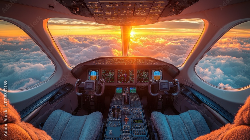 Fototapeta premium Spectacular cockpit view of sunset over clouds from aircraft
