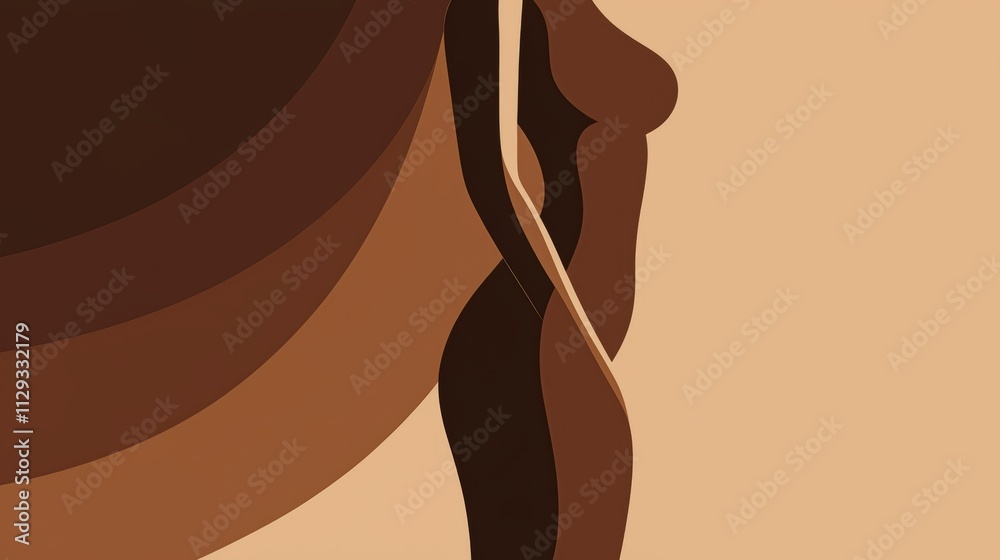 Minimalist illustration featuring an abstract female form gracefully emerging from a flowing brown wavy background, celebrating body positivity, diversity, and self-acceptance Minimalist illustration featuring an abstract female form gracefully emerging from a flowing brown wavy background, celebrating body positivity, diversity, and self-acceptance