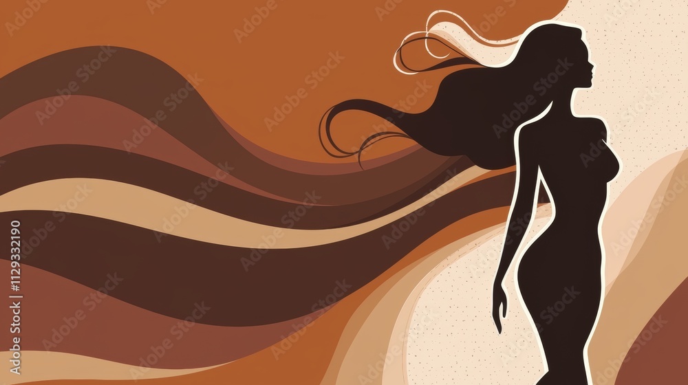 Stylized female silhouette with long hair flowing gracefully merges with an abstract background of warm, earthy tones, creating a sense of elegance and freedom Stylized female silhouette with long hair flowing gracefully merges with an abstract background of warm, earthy tones, creating a sense of elegance and freedom