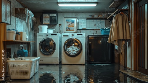 Flooded laundry room with washing machines and overflowing water photo