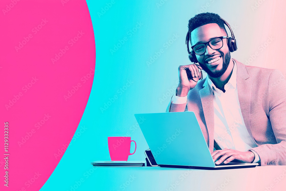 A man with a headset smiles while working on a laptop in a colorful workspace. A coffee cup sits nearby, enhancing the atmosphere A man with a headset smiles while working on a laptop in a colorful workspace. A coffee cup sits nearby, enhancing the atmosphere
