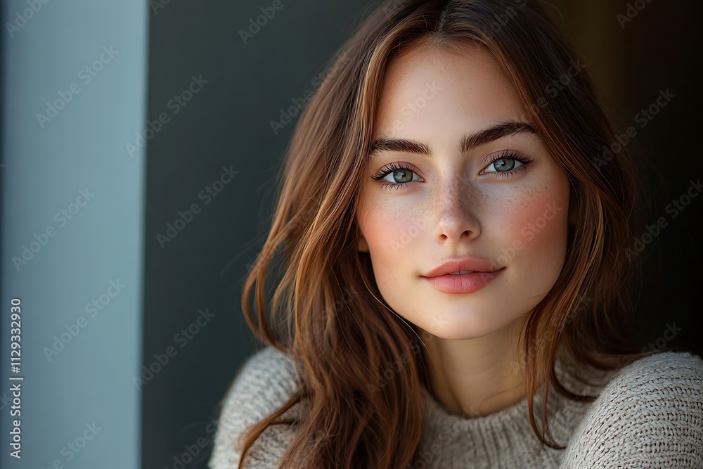 Naklejka premium Close-up Peaceful Face of Young Woman with Makeup