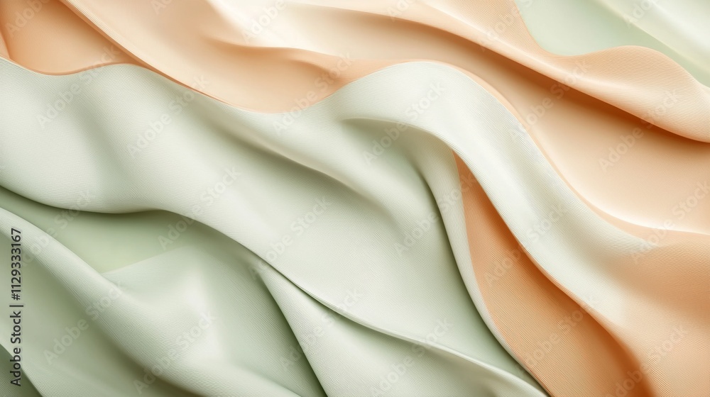 Smooth, luxurious satin fabric drapes in gentle waves, creating a visually appealing texture with its delicate sheen and subtle color gradient from pastel green to peach Smooth, luxurious satin fabric drapes in gentle waves, creating a visually appealing texture with its delicate sheen and subtle color gradient from pastel green to peach