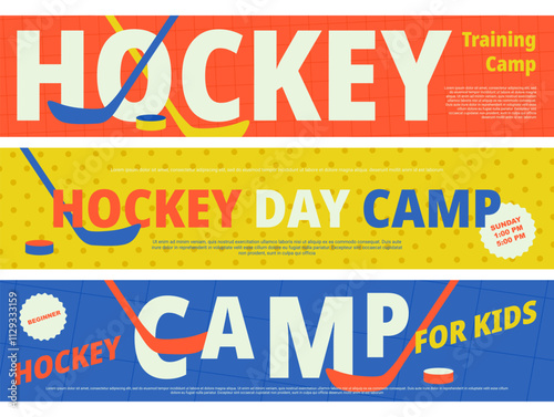 Hockey training camp for kids advertising banner design template set vector flat illustration