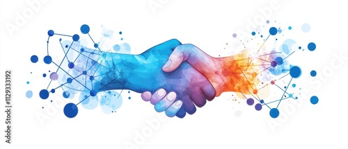 Bright blue handshake representing teamwork and partnership minimal flat design solid white background focused scene vector art emphasizing collaboration and connection