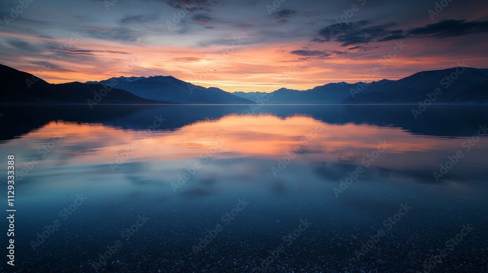 Calm lake reflecting a colorful sunset sky, with a mountain range silhouette in the background, creating a serene and picturesque landscape filled with natural beauty Calm lake reflecting a colorful sunset sky, with a mountain range silhouette in the background, creating a serene and picturesque landscape filled with natural beauty