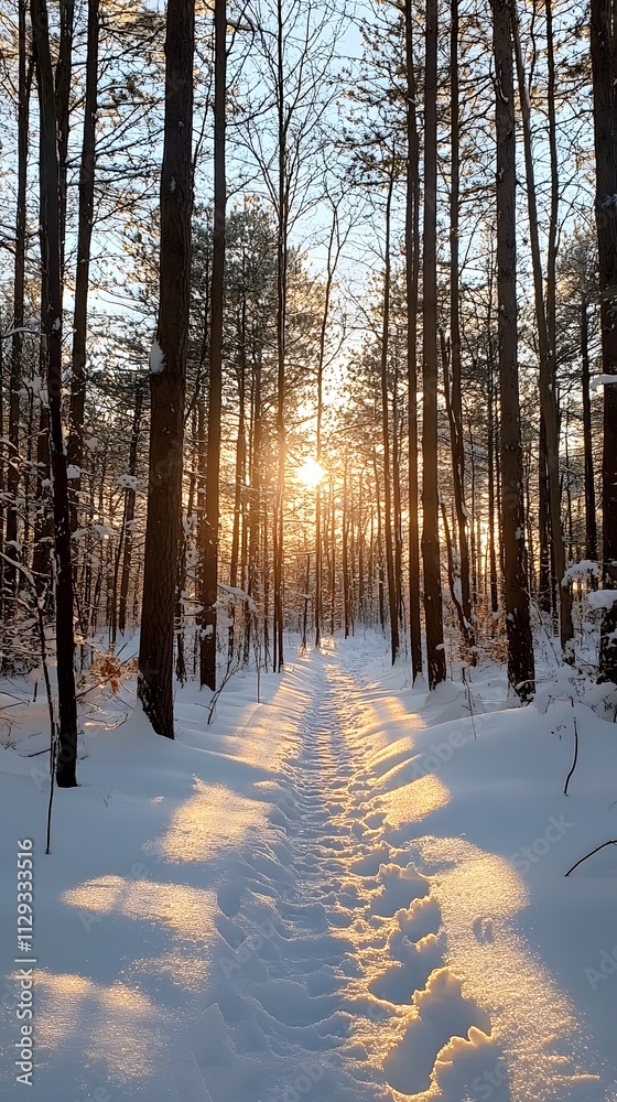 A beautiful snow-covered forest at sunset, with the sun setting behind tall trees and casting long shadows on the fresh white snow A beautiful snow-covered forest at sunset, with the sun setting behind tall trees and casting long shadows on the fresh white snow
