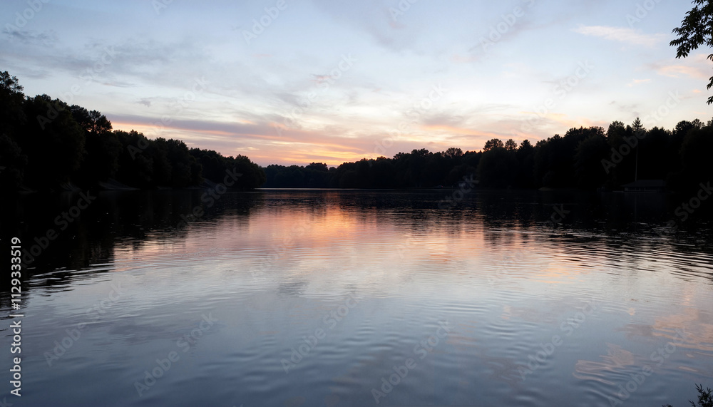 Calm lake at sunset reflecting colorful sky and trees under tranquil atmosphere Calm lake at sunset reflecting colorful sky and trees under tranquil atmosphere