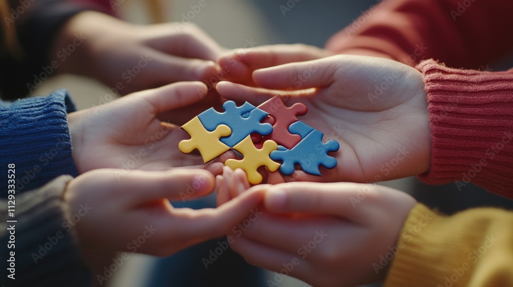 A diverse group holds colorful puzzle pieces, ready to assemble and create something new A diverse group holds colorful puzzle pieces, ready to assemble and create something new