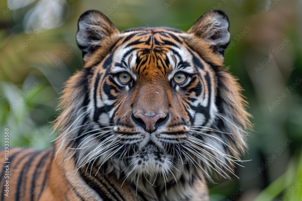A close-up view of a tiger's face with a blurred background A close-up view of a tiger's face with a blurred background