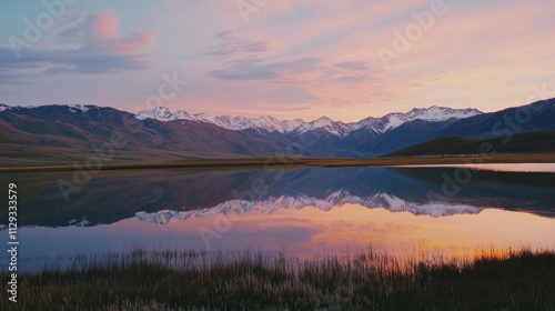 Colorful sunset reflecting on the still water of a mountain lake, creating a breathtaking panorama of nature's beauty with snow-capped peaks in the background