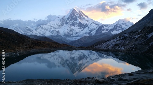 Stunning view of ama dablam reflecting in a tranquil lake during sunset, capturing the majestic beauty of the himalayas in nepal with serene waters and breathtaking scenery photo