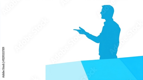 Bright blue person presenting with a pointer minimal flat design clean white background focused scene vector art emphasizing leadership and professional growth themes photo