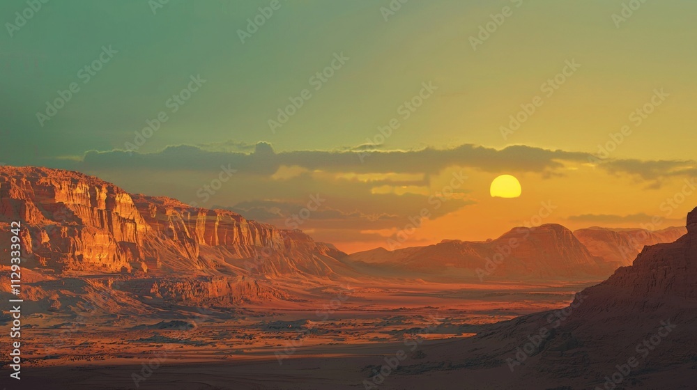 Fototapeta premium Majestic sandstone cliffs and a vast desert valley are bathed in the warm, orange glow of the setting sun, creating a breathtaking panorama of nature's beauty