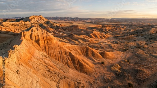 Warm sunlight bathes the colorful badlands of the bisti/de-na-zin wilderness area in new mexico, creating a breathtaking panorama of eroded hoodoos and desert landscape during the golden hour