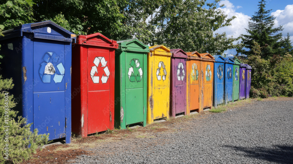 Colorful recycling bins promote waste management in a bustling urban environment Colorful recycling bins promote waste management in a bustling urban environment