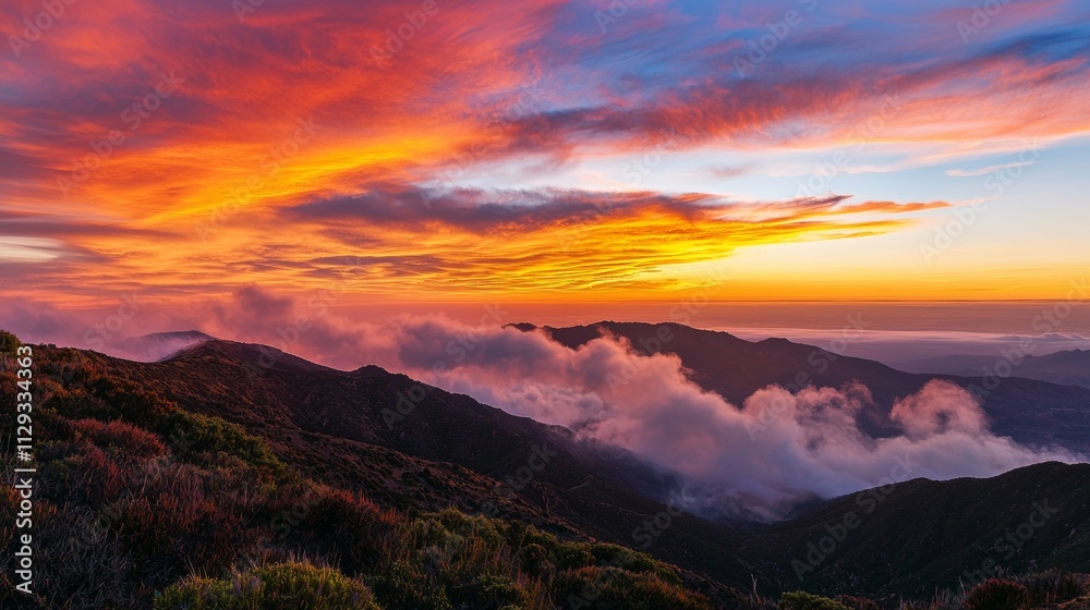 Stunning sunset paints the sky with fiery hues, casting a warm glow over the rolling clouds and rugged mountain peaks, creating a breathtaking panorama of nature's artistry Stunning sunset paints the sky with fiery hues, casting a warm glow over the rolling clouds and rugged mountain peaks, creating a breathtaking panorama of nature's artistry