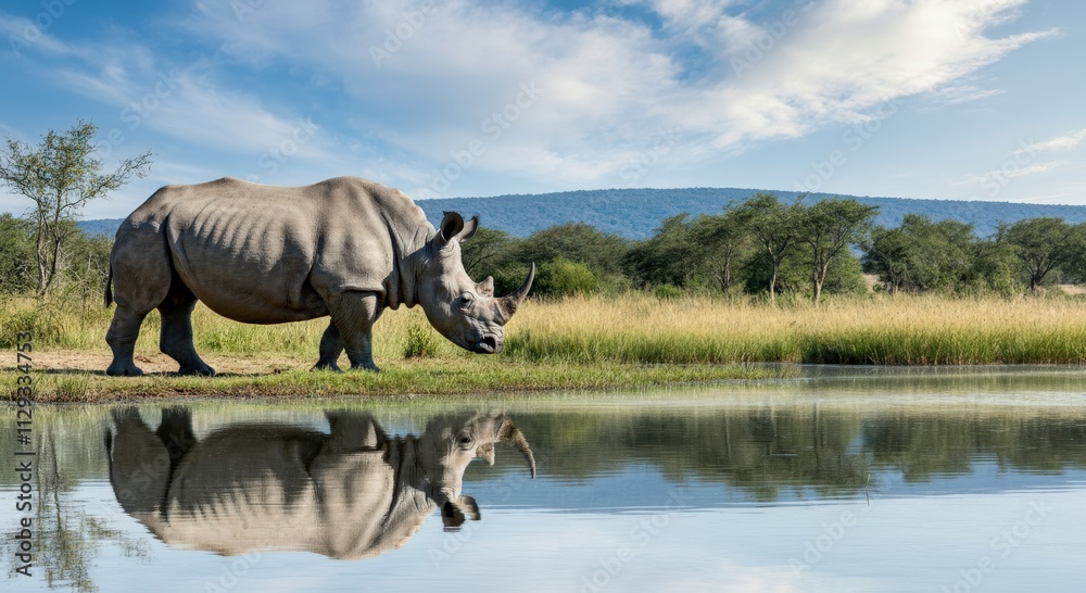 Fototapeta premium Majestic rhinoceros at water's edge in african landscape with clear blue sky reflection