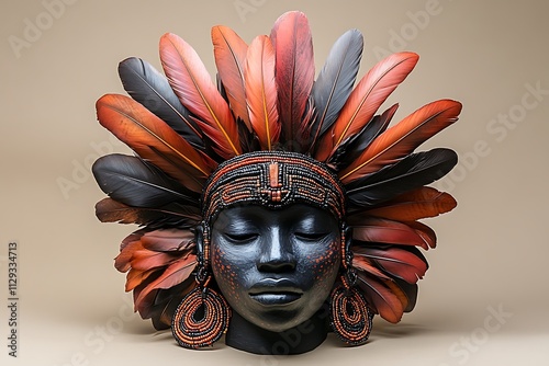 A striking sculpture of a head adorned with an elaborate headdress. photo