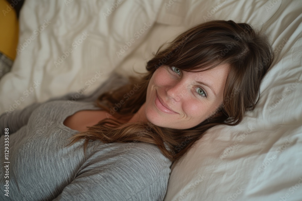 Joyful Brunette Woman Relaxing in Bed, Enjoying a Close-Up Smile at Midday Joyful Brunette Woman Relaxing in Bed, Enjoying a Close-Up Smile at Midday