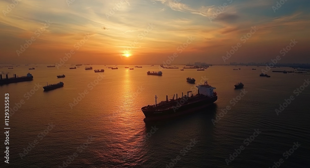 Aerial Perspective of Crude Oil Tankers and LPG Vessels Docked at Sunset, Showcasing Maritime Industry in Serene Waters Aerial Perspective of Crude Oil Tankers and LPG Vessels Docked at Sunset, Showcasing Maritime Industry in Serene Waters