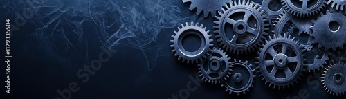 Dark mechanical gears background with smoke effects, symbolizing industry and innovation.