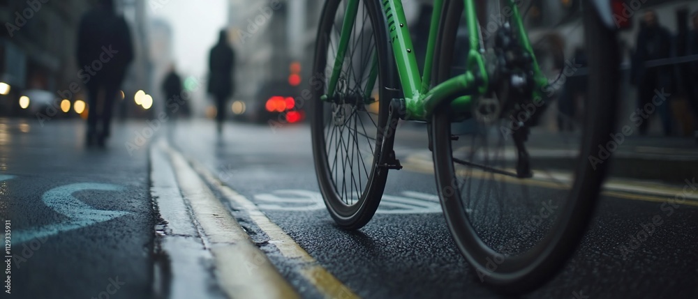 A close-up of a bicycle wheel on a rainy urban street. A close-up of a bicycle wheel on a rainy urban street.