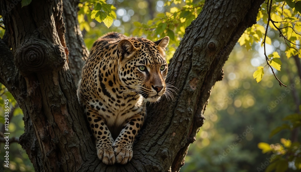 Fototapeta premium Leopard resting alertly on tree branch, observing surroundings in sun-dappled forest