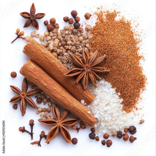 Aromatic spices, cinnamon sticks, star anise, peppercorns, sugar, and ground spice blend on white background.