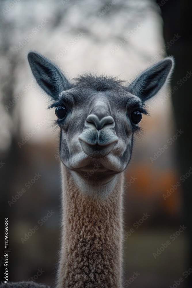 Obraz premium A close-up shot of a llama's face with trees in the background