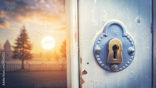 Close-up of vintage keyhole on weathered blue door with soft sunlight streaming through