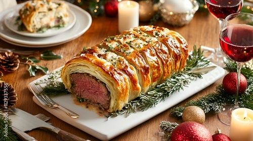 Delicious beef Wellington sliced on a festive table setting with wine, candles, and ornaments.