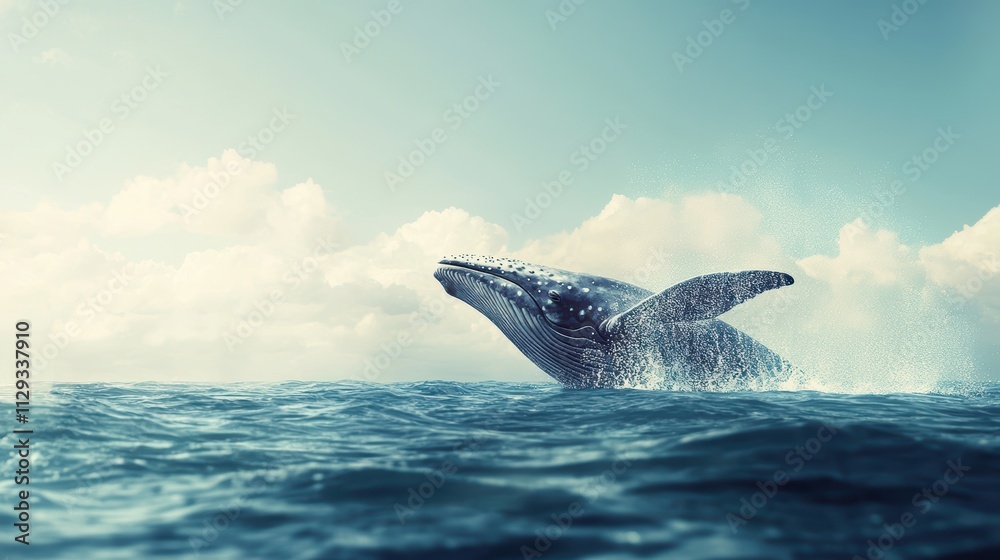 Fototapeta premium A majestic whale breaches the ocean surface under a serene sky, showcasing its powerful form against the tranquil waters.