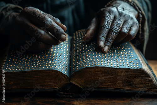 An open book with raised Braille text, a man's hand gently tracing the page with a pointing finger. The image symbolizes learning, inclusivity, and accessibility for the visually impaired.