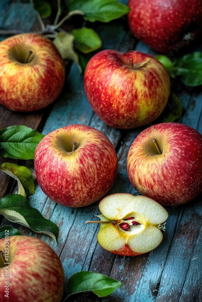 Fresh apples arranged on a rustic wooden table, perfect for a still life or interior design image Fresh apples arranged on a rustic wooden table, perfect for a still life or interior design image