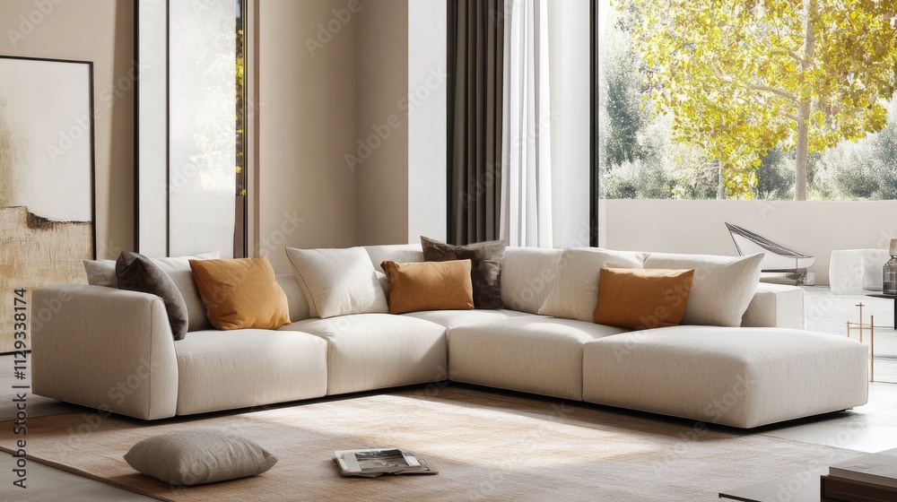 Fototapeta premium Stunning Modern Beige Sectional Sofa in a Luxurious Living Room