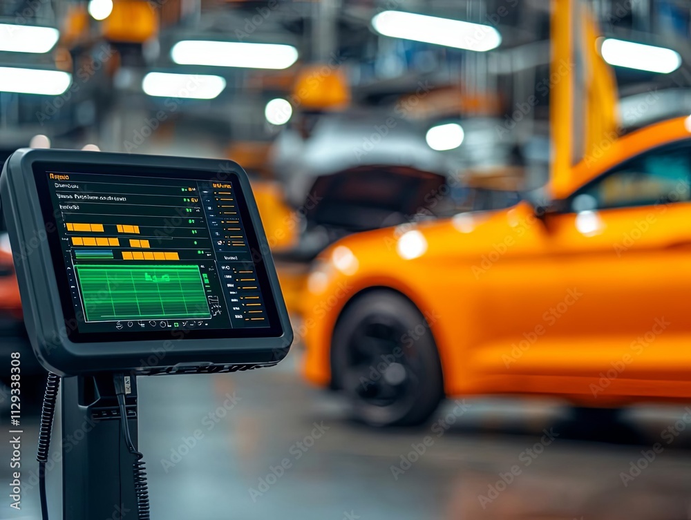 Modern vehicle diagnostics screen in an automotive workshop with a focus on efficiency. Modern vehicle diagnostics screen in an automotive workshop with a focus on efficiency.