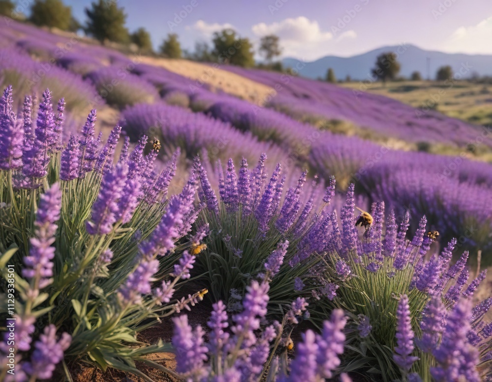 Obraz premium Abeja recolectando polen en un campo de lavanda con un paisaje de colores pastel , colorful, bee collecting pollen in a lavender field with a pastel color landscape