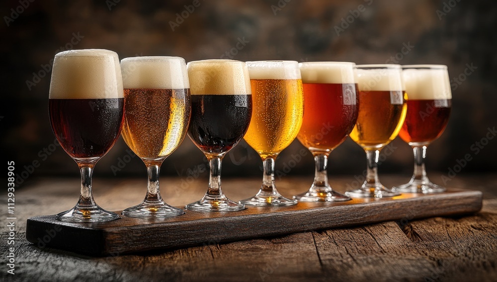 A Beautiful Display of Eight Unique Beer Varieties in Elegant Glasses on a Rustic Wooden Serving Board Against a Warm, Mysterious Background A Beautiful Display of Eight Unique Beer Varieties in Elegant Glasses on a Rustic Wooden Serving Board Against a Warm, Mysterious Background