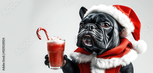 Perro borracho bebiendo un cóctel navideño. Bulldog negro sujetando un coctel de Navidad. Perro negro con un gorro de Papá Noel, sobre fondo blanco.
 photo