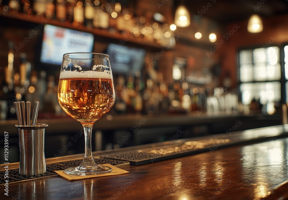 A Captivating Close-Up of a Golden Beer Glass on a Bar Counter Surrounded by a Cozy Atmosphere with Soft Lighting and a Well-Stocked Bar in the Background A Captivating Close-Up of a Golden Beer Glass on a Bar Counter Surrounded by a Cozy Atmosphere with Soft Lighting and a Well-Stocked Bar in the Background