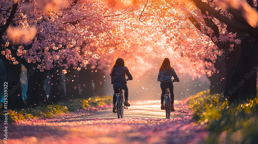 Friends enjoy a leisurely ride on bicycles along a picturesque path lined with cherry blossoms during golden hour Friends enjoy a leisurely ride on bicycles along a picturesque path lined with cherry blossoms during golden hour