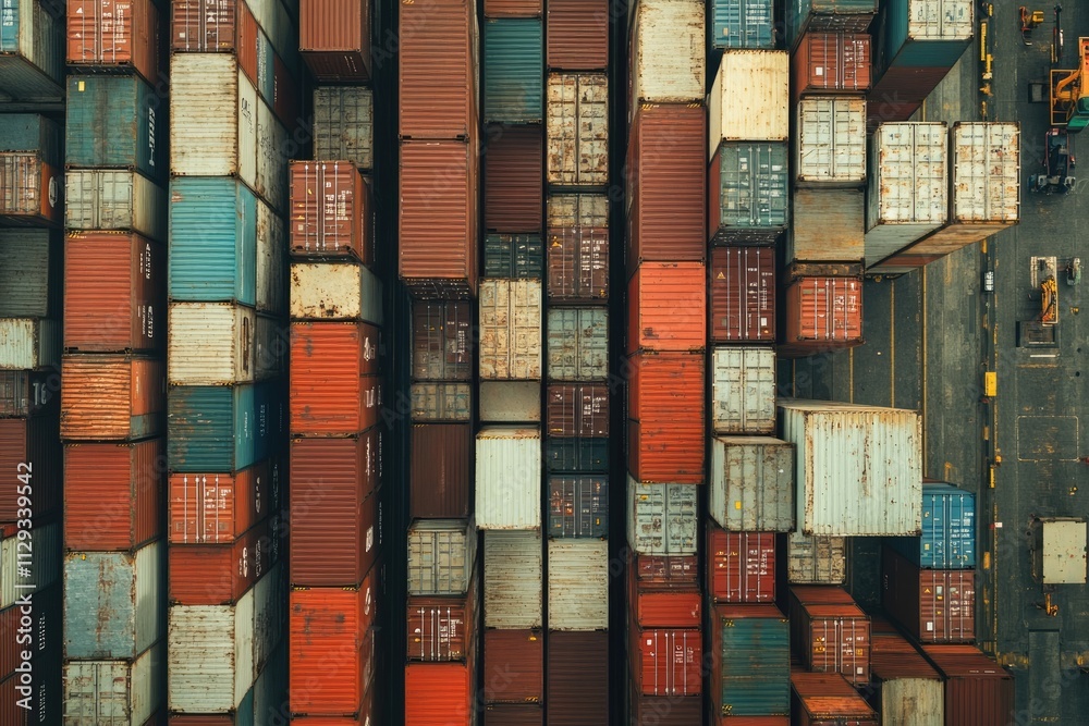Fototapeta premium Colorful Cargo Containers Stacked at Port: A Glimpse into the Logistics of Shipping and Freight Operations