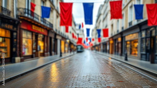 Empty Parisian street decorated with French flags photo