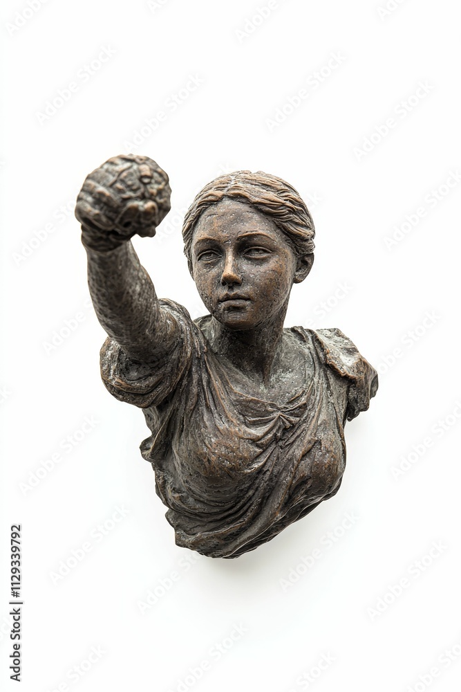 Bronze statue; woman; raised fist; draped garment; defiance. Bronze statue; woman; raised fist; draped garment; defiance.